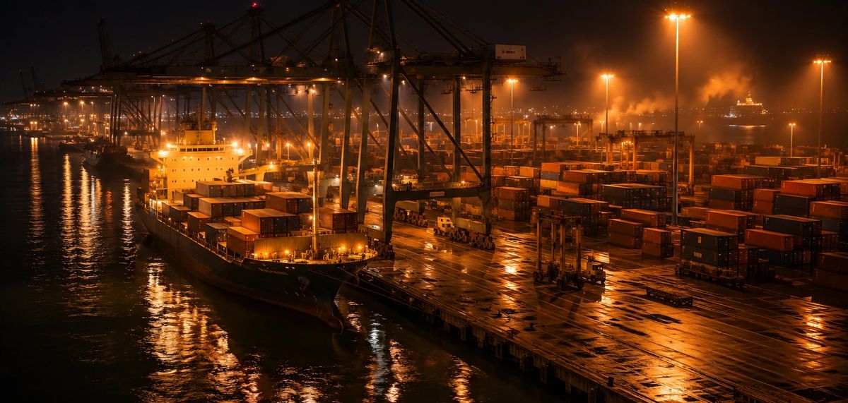 Container ship being loaded at an African port at night under floodlights