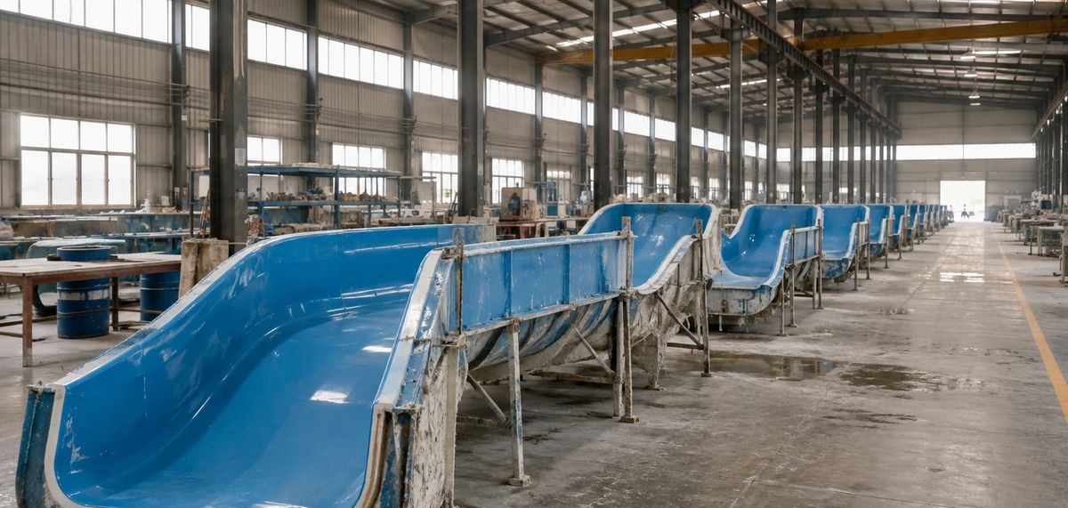 Fibreglass water slide sections in steel cradles inside a manufacturing workshop