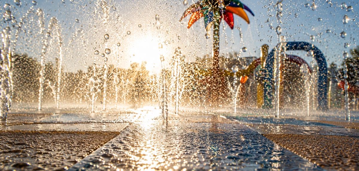 Backlit water jets on a splash pad deck catching low sunlight
