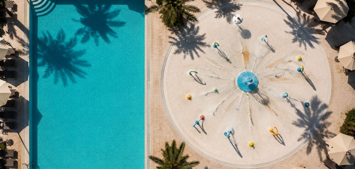 Overhead view of a resort swimming pool alongside a circular splash pad