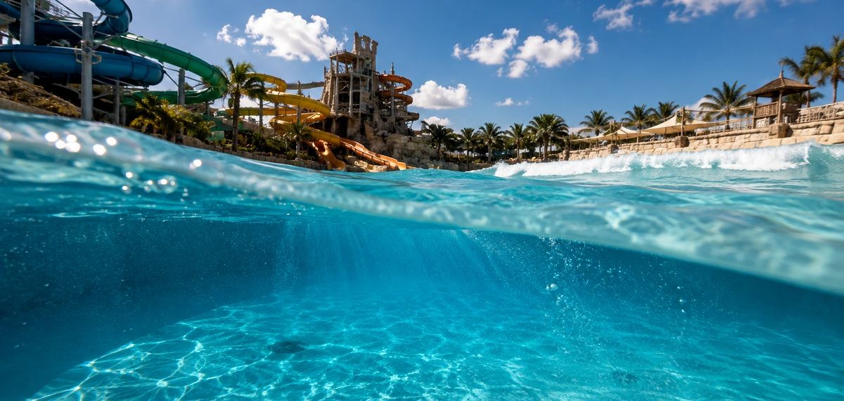 Split-level view above and below the waterline at a water park wave pool