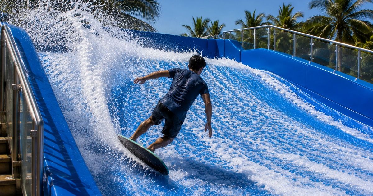 Rider carving across the sheet wave of a commercial surf simulator attraction